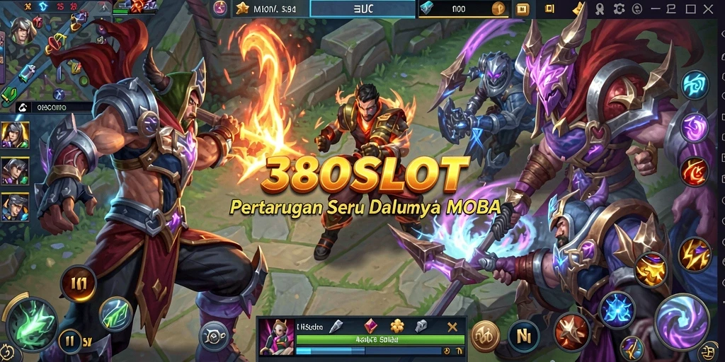 Screenshot gameplay menampilkan pertempuran intens di arena MOBA.