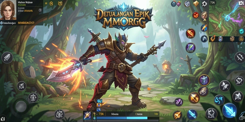 Tangkapan layar gameplay 73K menunjukkan aksi pertempuran epik.
