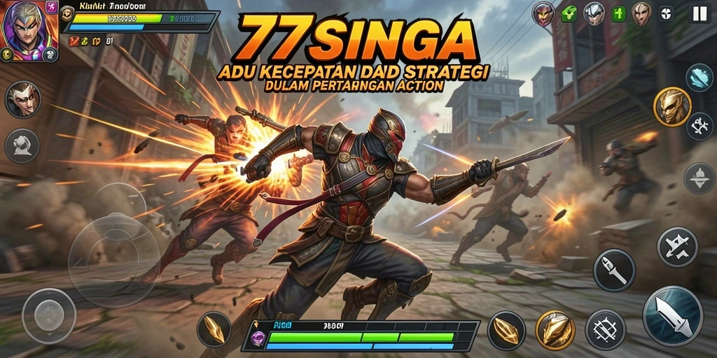 Screenshot gameplay <strong>77SINGA</strong> menampilkan aksi pertarungan yang mendebarkan.