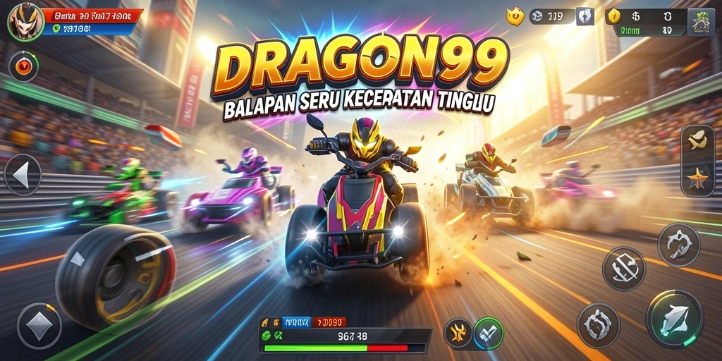 Screenshot gameplay DRAGON99 yang menampilkan aksi balapan seru.