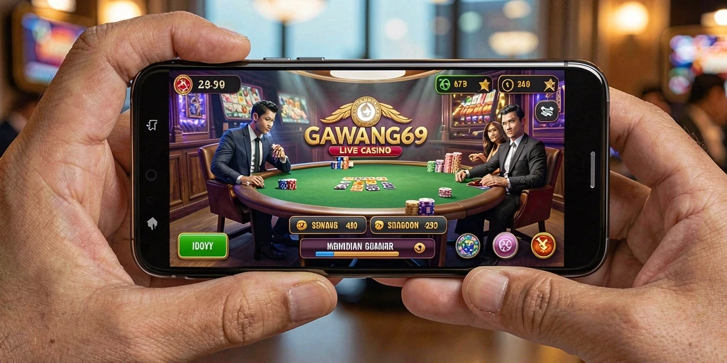 Gameplay GAWANG69 menampilkan dealer langsung dalam suasana kasino yang mendebarkan.