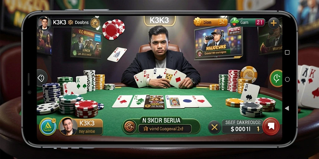 Screenshot gameplay K3K3 menunjukkan suasana meja poker yang menegangkan.