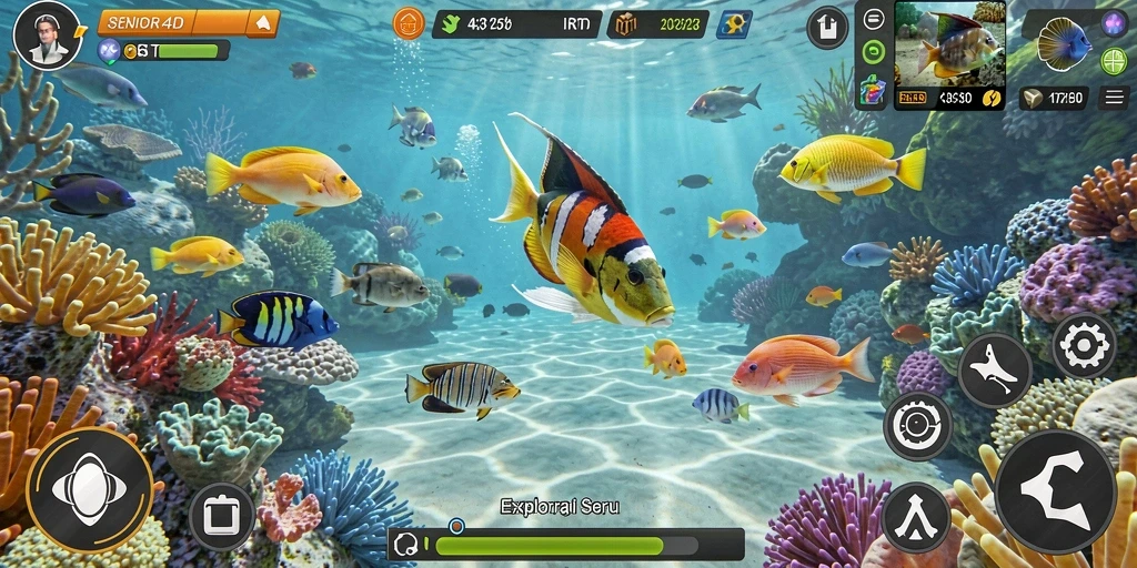 Screenshot gameplay SENIOR4D yang menampilkan aksi menembak ikan.