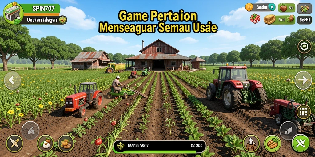 Tampilan gameplay SPIN707 dengan ladang subur dan peternakan aktif.