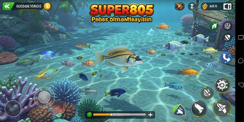 Screenshot SUPER805 menampilkan aksi menembak ikan yang seru dan penuh warna.
