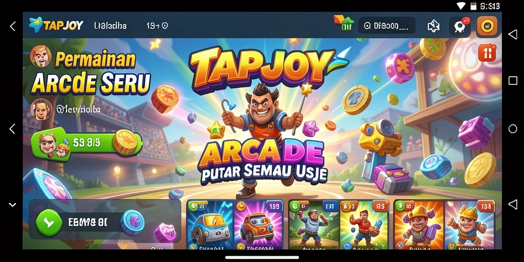 Menampilkan gameplay seru TAPJOY dengan tantangan Arcade yang menarik.